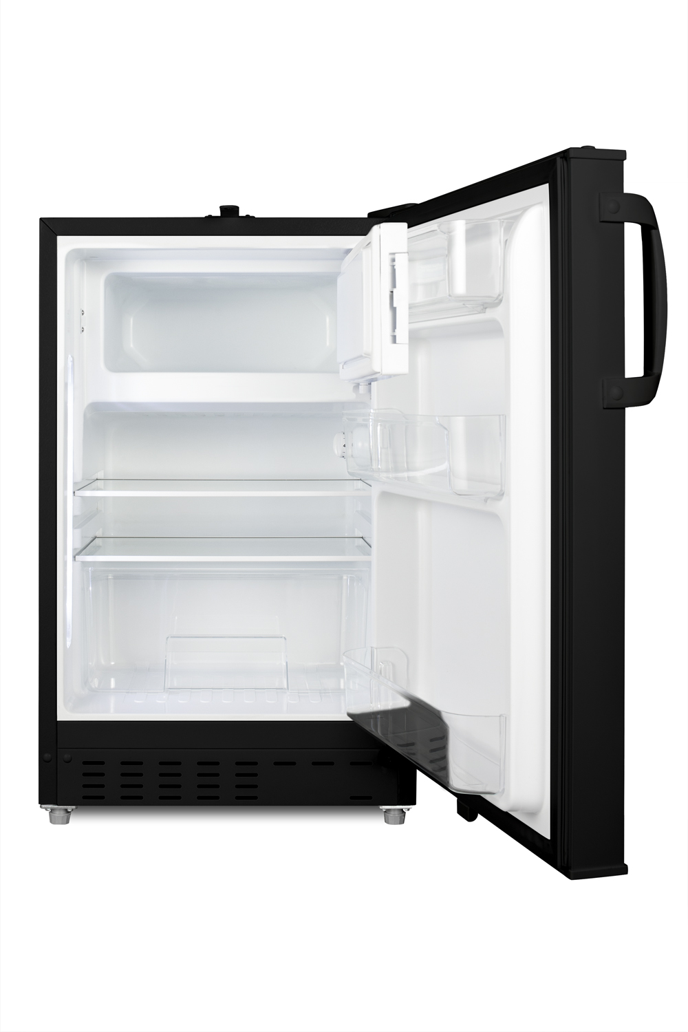 Built-in undercounter ADA compliant refrigerator-freezer in black for residential use, manual defrost with glass shelves, front lock, and door storage